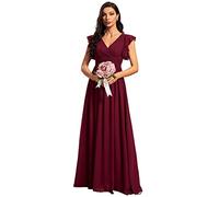 Ever-Pretty Robe de Soirée Dos Nu pour Femme Manches Volantées Mousseline Col V Plissé Robe de Demoiselle d'honneur Longue Élégante Bordeaux 40