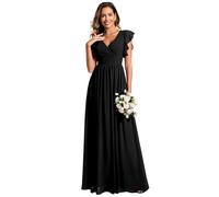 Ever-Pretty Robe de Soirée Dos Nu pour Femme Manches Volantées Mousseline Col V Plissé Robe de Demoiselle d'honneur Longue Élégante Noir 38
