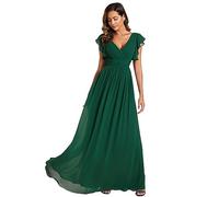 Ever-Pretty Robe de Soirée Dos Nu pour Femme Manches Volantées Mousseline Col V Plissé Robe de Demoiselle d'honneur Longue Élégante Vert Foncé 48