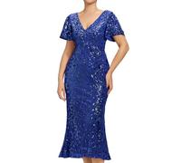 Ever-Pretty Robe de Soirée Femme en Paillettes Col V Élégants Volants aux Manches Bleu Saphir 40