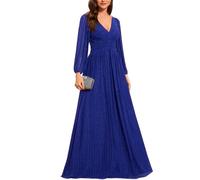 Ever-Pretty Robe de Soirée Femme Longue Brillants Plissé A Line Col V Chic Bleu Saphir 40