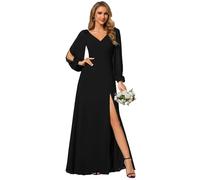 Ever-Pretty Robe de Soirée Femme Longue Fendue Col en V Mousseline de Soie A Line Taille Empire Manches Longues Dos Nu uni Chic Noir 48