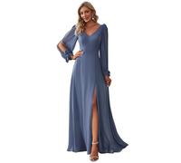 Ever-Pretty Robe de Soirée Femme Longue Fendue Col en V Mousseline de Soie A Line Taille Empire Manches Longues Dos Nu uni Chic Bleu Denim 46