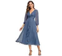 Ever-Pretty Robe de Soirée Manches Longues Col V Brillante A Line Chic Bleu Brume 40