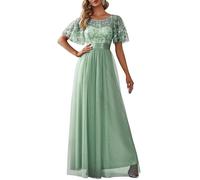 Ever-Pretty Robe de Soirée pour Mariage Demoiselle d'honneur Manches Courtes Taille Empire A-Line Tulle Longue Femme Verte Menthe 36