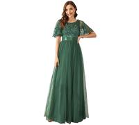 Ever-Pretty Robe de Soirée pour Mariage Demoiselle d'honneur Manches Courtes Taille Empire A-Line Tulle Longue Femme Vert Eucalyptus 56