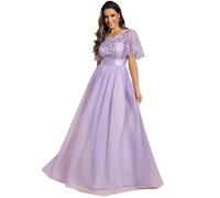 Ever-Pretty Robe de Soirée pour Mariage Demoiselle d'honneur Manches Courtes Taille Empire A-Line Tulle Longue Femme Voilet Clair 50