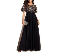 Ever-Pretty Robe de Soirée pour Mariage Demoiselle d'honneur Manches Courtes Taille Empire A-Line Tulle Longue Femme Or Noir 58