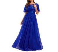 Ever-Pretty Robe de Soirée pour Mariage Demoiselle d'honneur Manches Courtes Taille Empire A-Line Tulle Longue Femme Bleu Saphir 52