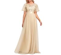 Ever-Pretty Robe de Soirée pour Mariage Demoiselle d'honneur Manches Courtes Taille Empire A-Line Tulle Longue Femme Or 34