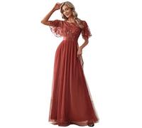 Ever-Pretty Robe de Soirée pour Mariage Demoiselle d'honneur Manches Courtes Taille Empire A-Line Tulle Longue Femme Orange Caramel 36