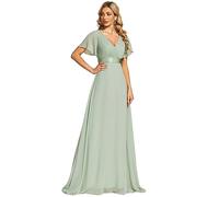Ever-Pretty Robe De Soirée Style Long Manches Volantées Col en V Jupe Trapèze Robe Femme Chic Et Elegant Verte Menthe 52