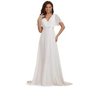 Ever-Pretty Robe De Soirée Style Long Manches Volantées Col en V Jupe Trapèze Robe Femme Chic Et Elegant Blanc 36