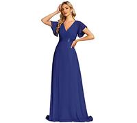 Ever-Pretty Robe De Soirée Style Long Manches Volantées Col en V Jupe Trapèze Robe Femme Chic Et Elegant Bleu Saphir 38