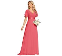 Ever-Pretty Robe De Soirée Style Long Manches Volantées Col en V Jupe Trapèze Robe Femme Chic Et Elegant Rose Corail 38