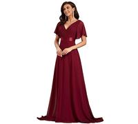Ever-Pretty Robe De Soirée Style Long Manches Volantées Col en V Jupe Trapèze Robe Femme Chic Et Elegant Bordeaux 46