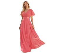 Ever-Pretty Robe De Soirée Style Long Manches Volantées Col en V Jupe Trapèze Robe Femme Chic Et Elegant Rose Corail 48