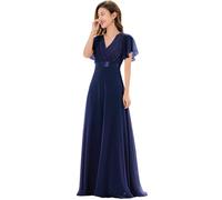 Ever-Pretty Robe De Soirée Style Long Manches Volantées Col en V Jupe Trapèze Robe Femme Chic Et Elegant Bleu Marine 44