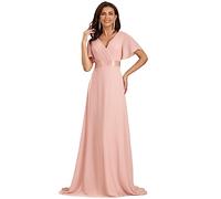 Ever-Pretty Robe De Soirée Style Long Manches Volantées Col en V Jupe Trapèze Robe Femme Chic Et Elegant Rose 44