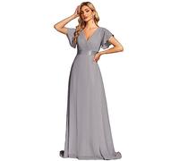 Ever-Pretty Robe De Soirée Style Long Manches Volantées Col en V Jupe Trapèze Robe Femme Chic Et Elegant Gris 42