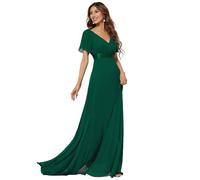 Ever-Pretty Robe De Soirée Style Long Manches Volantées Col en V Jupe Trapèze Robe Femme Chic Et Elegant Vert Foncé 38