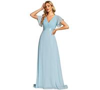 Ever-Pretty Robe De Soirée Style Long Manches Volantées Col en V Jupe Trapèze Robe Femme Chic Et Elegant Bleu Ciel 46