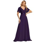Ever-Pretty Robe De Soirée Style Long Manches Volantées Col en V Jupe Trapèze Robe Femme Chic Et Elegant Voilet Foncé 48