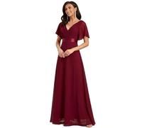 Ever-Pretty Robe De Soirée Style Long Manches Volantées Col en V Jupe Trapèze Robe Femme Chic Et Elegant Bordeaux 38