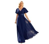 Ever-Pretty Robe De Soirée Style Long Manches Volantées Col en V Jupe Trapèze Robe Femme Chic Et Elegant Bleu Marine 46