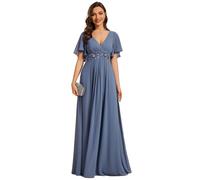 Ever-Pretty Robe de Témoin de Mariage Longue Appliqué Col V Manches Courtes Chic Bleu Brume 48
