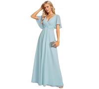 Ever-Pretty Robe de Témoin de Mariage Longue Appliqué Col V Manches Courtes Chic Bleu Ciel 42
