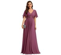 Ever-Pretty Robe de Témoin de Mariage Longue Appliqué Col V Manches Courtes Chic Prune 48
