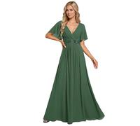 Ever-Pretty Robe de Témoin de Mariage Longue Appliqué Col V Manches Courtes Chic Vert Eucalyptus 58