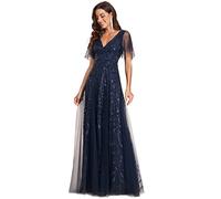 Ever-Pretty Robe de Témoin de Mariage Taille Empire Col V Paillettes et Tulle Manches Courtes Bleu Marine 38