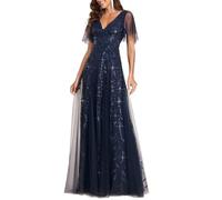 Ever-Pretty Robe de Témoin de Mariage Taille Empire Col V Paillettes et Tulle Manches Courtes Bleu Marine 56
