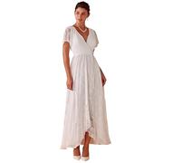 Ever-Pretty Robe Demoiselle d'honneur Femme Longue Asymétrique Dentelle Manches Courtes Col V Fluide Chic Blanc 36
