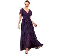 Ever-Pretty Robe Demoiselle d'honneur Femme Longue Asymétrique Dentelle Manches Courtes Col V Fluide Chic Violet Foncé 38