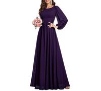 Ever-Pretty Robe Demoiselle d'honneur Femme Longue Manches Longues Col Rond Mousseline Chic Violet Foncé 40