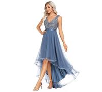 Ever-Pretty Robe Demoiselle d'honneur Femme Longue Paillettes Tulle Col V Asymétrique A Line Brillante Bleu Denim 42
