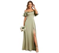Ever-Pretty Robe Demoiselle d'honneur Satin Épaules Nues Volants Coupe Élégante Fente Vert Sauge 36
