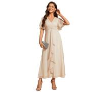 Ever-Pretty Robe d'Invité de Mariage Femme Longueur Manches Volantées Ceinture Col V Taille Empire A Line Brillante Robe de Demoiselle d'honneur Classique Champagne 54