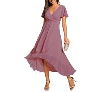 Ever-Pretty Robe D'Invité Jupe Trapèze Col en V Manches Volantées Robe Femme Chic Et Elegant Belle Robe Soirée Blanc 38 Orchidée 40