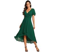 Ever-Pretty Robe D'Invité Jupe Trapèze Col en V Manches Volantées Robe Femme Chic Et Elegant Belle Robe Soirée Vert Foncé 44