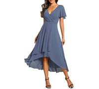 Ever-Pretty Robe D'Invité Jupe Trapèze Col en V Manches Volantées Robe Femme Chic Et Elegant Belle Robe Soirée Voilet Foncé 42 Bleu Brume 44