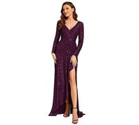 Ever-Pretty Robe Femme de Soirée Longue Paillettes Fendu Manches Longues Col V Automne et Hiver Chic Voilet Foncé 54