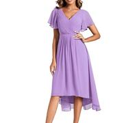 Ever-Pretty Robe Femme Été A Line High Low Col V Manches Courtes pour Mariage Mère Voilet Clair 38