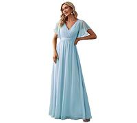 Ever-Pretty Robe Femme pour Mariage Longue Mousseline Col V A Line Manches Courtes Plissé Chic Bleu Ciel 54