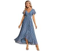 Ever-Pretty Robe Formelle Femmes Asymétrique Dentelle Longue Manches Courtes Robe Élégante pour Femmes Bleu Denim 46