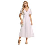 Ever-Pretty Robe Invité de Mariage Appliqué Manches Volantées Col V Mousseline Blanc 38