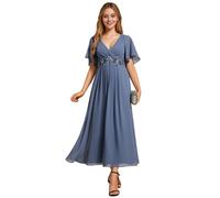 Ever-Pretty Robe Invité de Mariage Appliqué Manches Volantées Col V Mousseline Bleu Brume 48